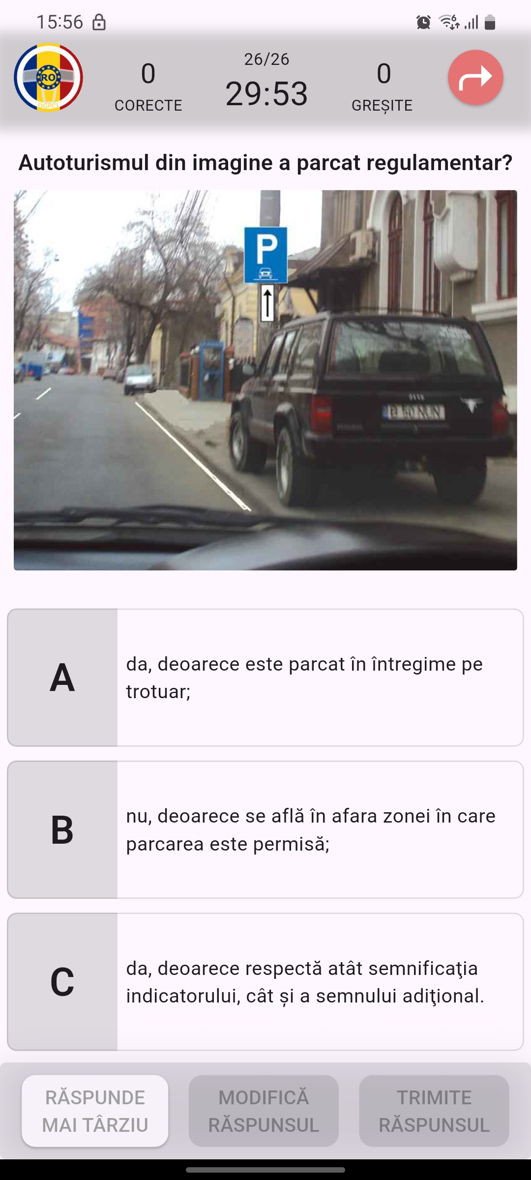 Întrebare chestionar auto DGPCI cu variante multiple de răspuns și imagine explicativă - pregătire examen permis auto România 2026